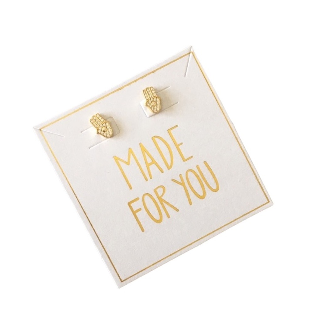 new Pave Cubic Zirconia Hamsa Stud Earrings ❃ 14KT Gold Plated Sterling Silver - Picture 8 of 16